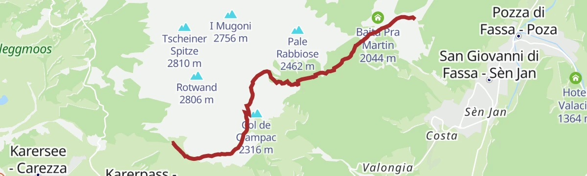 Route map: Ciampedie - Malga Vael - Roda di Vael and Baita Pederiva huts - Paolina Hut (Carezza)